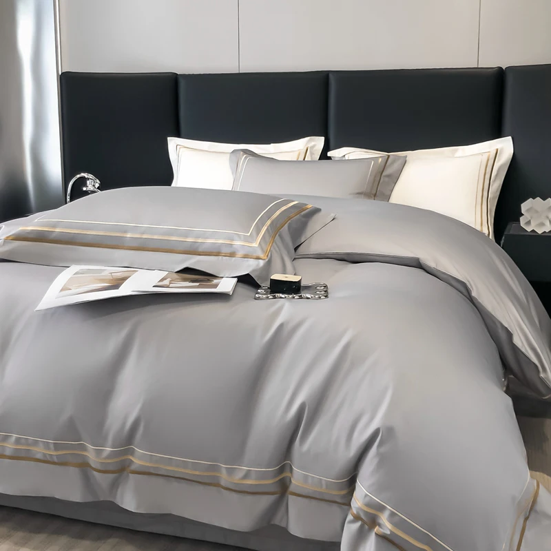 Hotel Style Bedding Set Luxury Golden Embroidery Duvet Cover Grey Egyptian Cotton Bed Sheets Pillowcases Solid Color Bedclothes