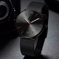 Fashion Mens Watches Luxury Stainless Steel Mesh Belt Quartz WristWatch Men Leather Calendar Luminous Clock relogio masculino