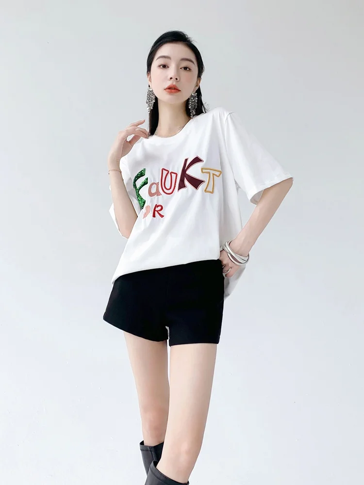 

Aksaya Premium Embroidered Print Cotton Short Sleeve Women's T-shirt Casual Summer Top round Neck Korean Style Creative Text ...