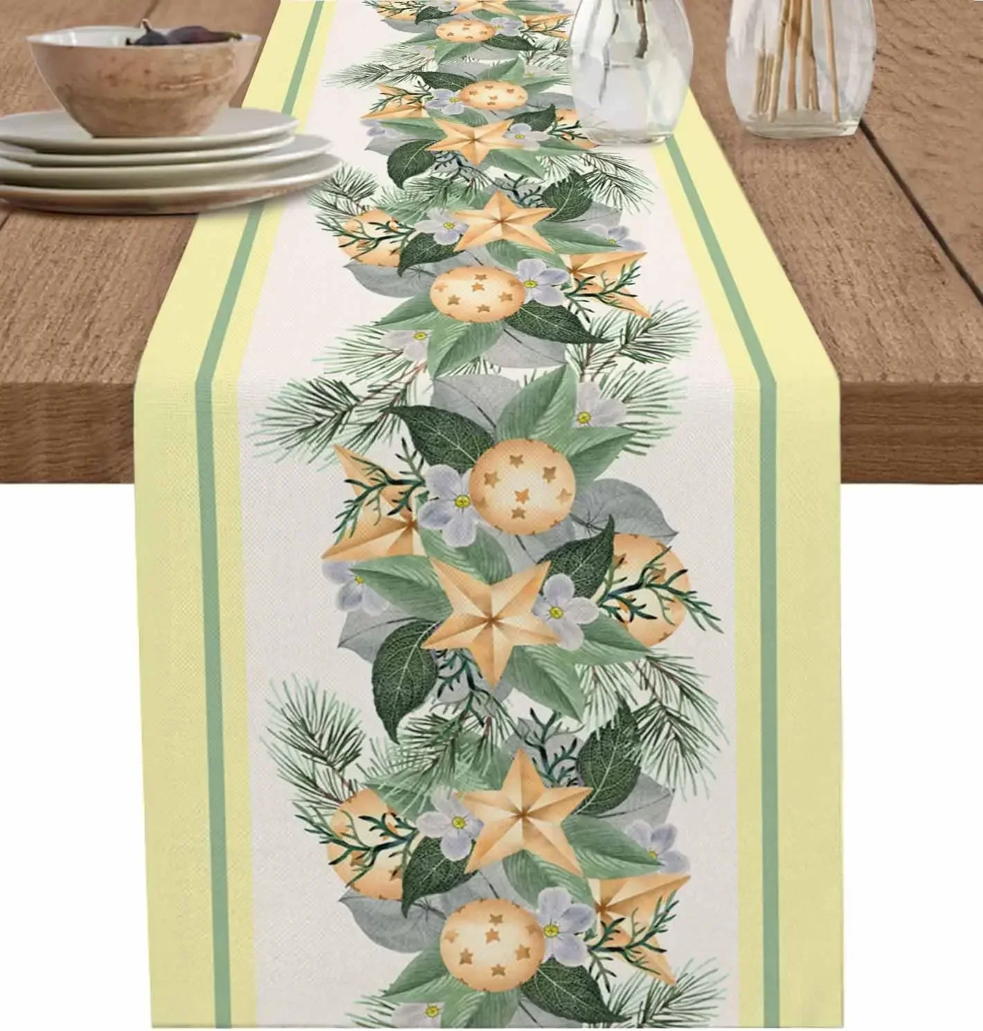 Christmas Xmas Balls Botanical Pine Needle Linen Table Runners Party Decor Durable Dining Table Runners Christmas Decorations