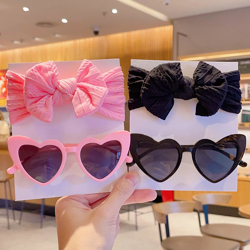 2 Pcs/Set New Children Cute Colors Soft Bowknot Wide Hairbands  Fashion Special Heart Sunglasses UV400 Set Kids Hair Accessories