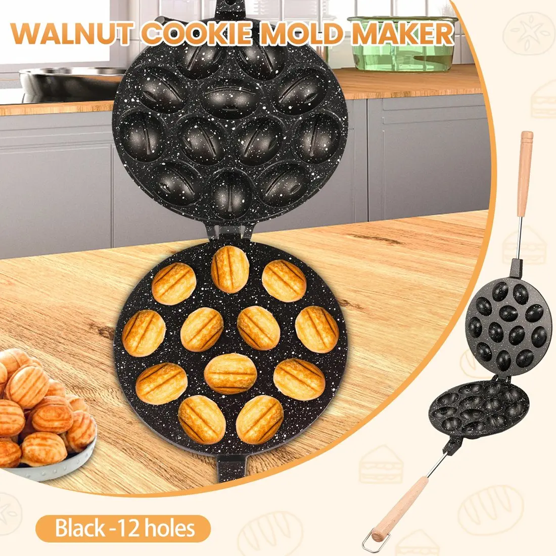 Walnut Cookie Mold Maker Safe Cake Nut Modes Solid Walnut Cookie Molds with Handle Versatile Metal Nut Cookies Maker