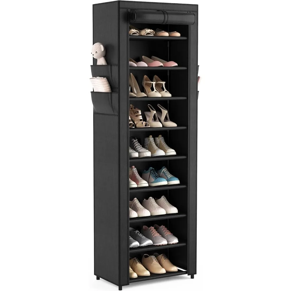 

Shoe Rack with Cover Narrow Shoe Organizer with 4 Side Pockets 10 Tier Tall Shoe Storage Holds 18-22 Pairs Shoes and Boots Shoe
