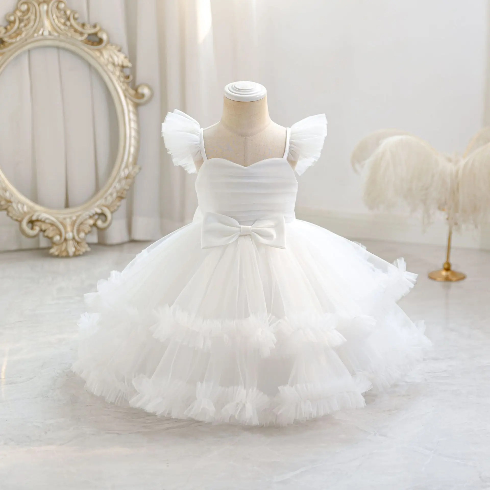 Girls White Princess Skirt Children's Dress Puffy Skirt Birthday Party Anniversary Wedding Dress Kids Clothing