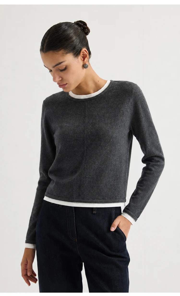 ML62039 Damen-Strickpullover mit Rundhalsausschnitt, Langarm, Zweiteiler-Optik, Kontrastfarbener Besatz, Lässiger Pullover für Herbst und Winter – Detail 10