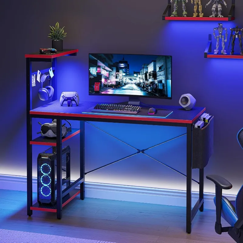 

Gaming Desk with LED Lights,44 Inch PC Gamer Desk for Small Spaces, Computer Desk with Reversible Storage Shelves & Side Storage