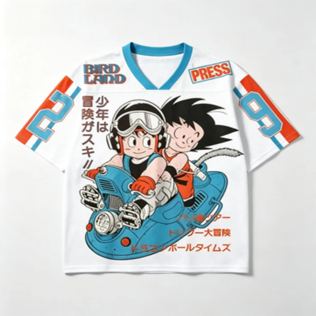 Dragon Ball Retro Comic Printed V-neck Breathable Mesh Wukong Alar Flying Car Retro Magazine Pattern Sports Jersey