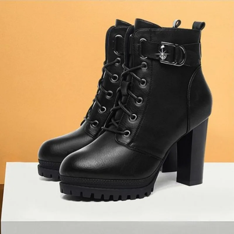 Frauen Stiefeletten Sexy Büro High Heels Plattform Stiefel Runde Kappe Leder Booties Schwarz Pumps Damen Party Schuhe Herbst Winter