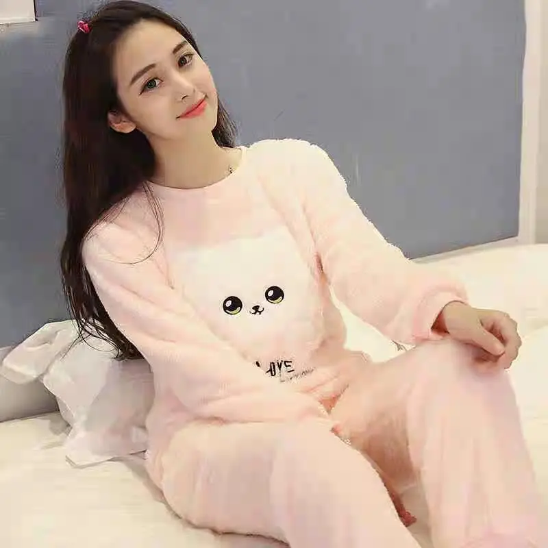 New Autumn Winter Warm Flannel Women Pyjamas Sets Thick Coral Velvet Long Sleeve Cartoon Sleepwear Flannel Pajamas Set Girl