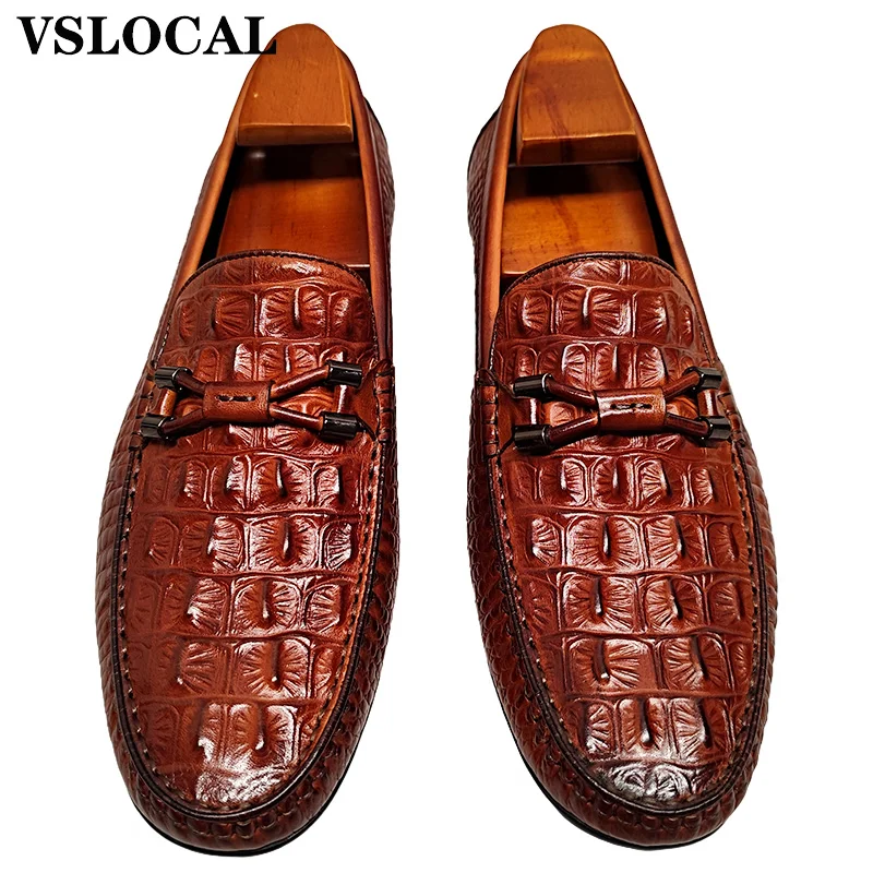 Sapatos masculinos de luxo preto marrom deslizamento em croco imprime sapatos casuais homem casamento escritório negócios mocassins de couro para homem