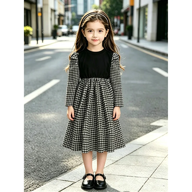 Girls 5-8 Spring Autumn Patchwork Houndstooth Dress, Puff Long Sleeve Round Neck Loose A Line Kids Casual Daily Dress
