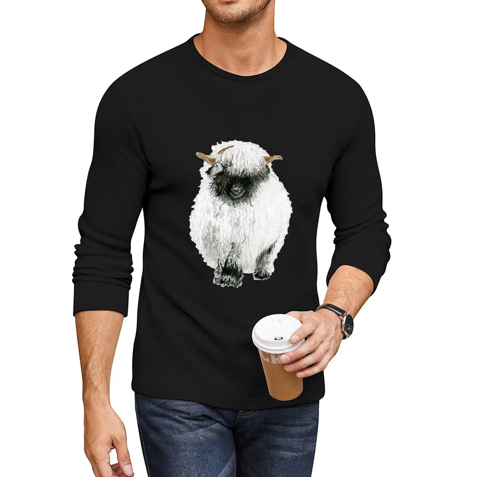 Valais Blacknose Sheep Drawing Long T-Shirt black t shirts tees men clothes