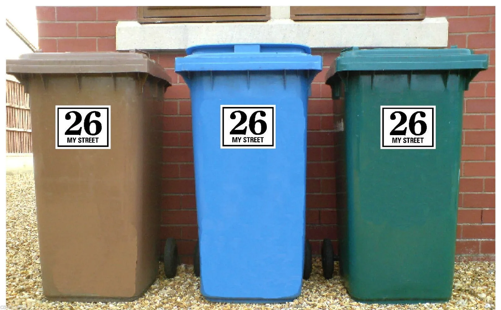 Customized WHEELIE BIN NUMBERS HOUSE ROAD STREET NAME RED BLUE BLACK Stickers Set of 3