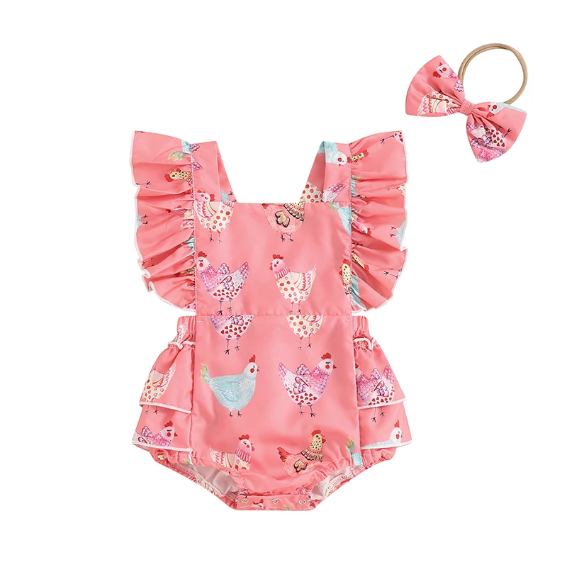 Neworn Baby Girl Farm Outfit Chicken Print Ruffle Romper Flying Sleeve Romper Dress Cute Baby Farm Clothes