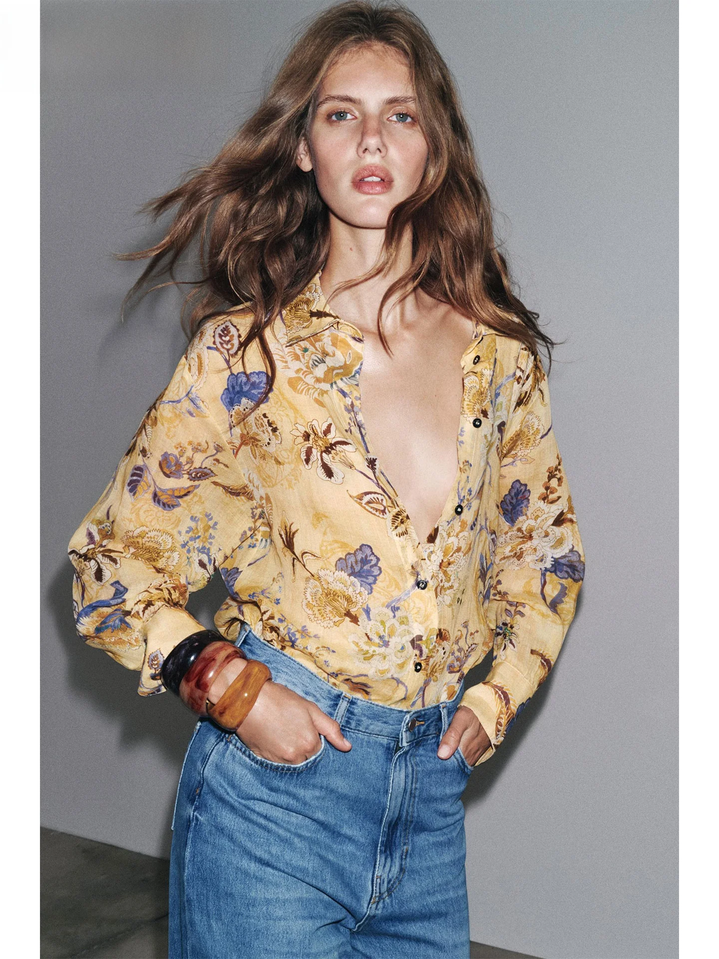 

ZAPRHA Summer 2025 Women's Faionable Retro Print Long Sve Collared irt Versatile Loose Fit Regular Sve Length