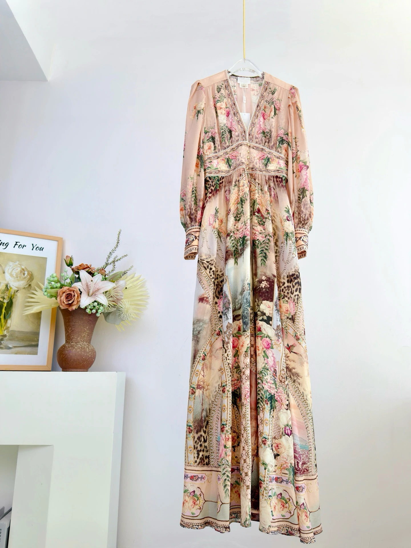 

100% Real Silk Women's Bohemian Floral & Leopard Print Maxi Dress V Neck Long Sleeve High Waist Flowy Dress For Holiday Travel