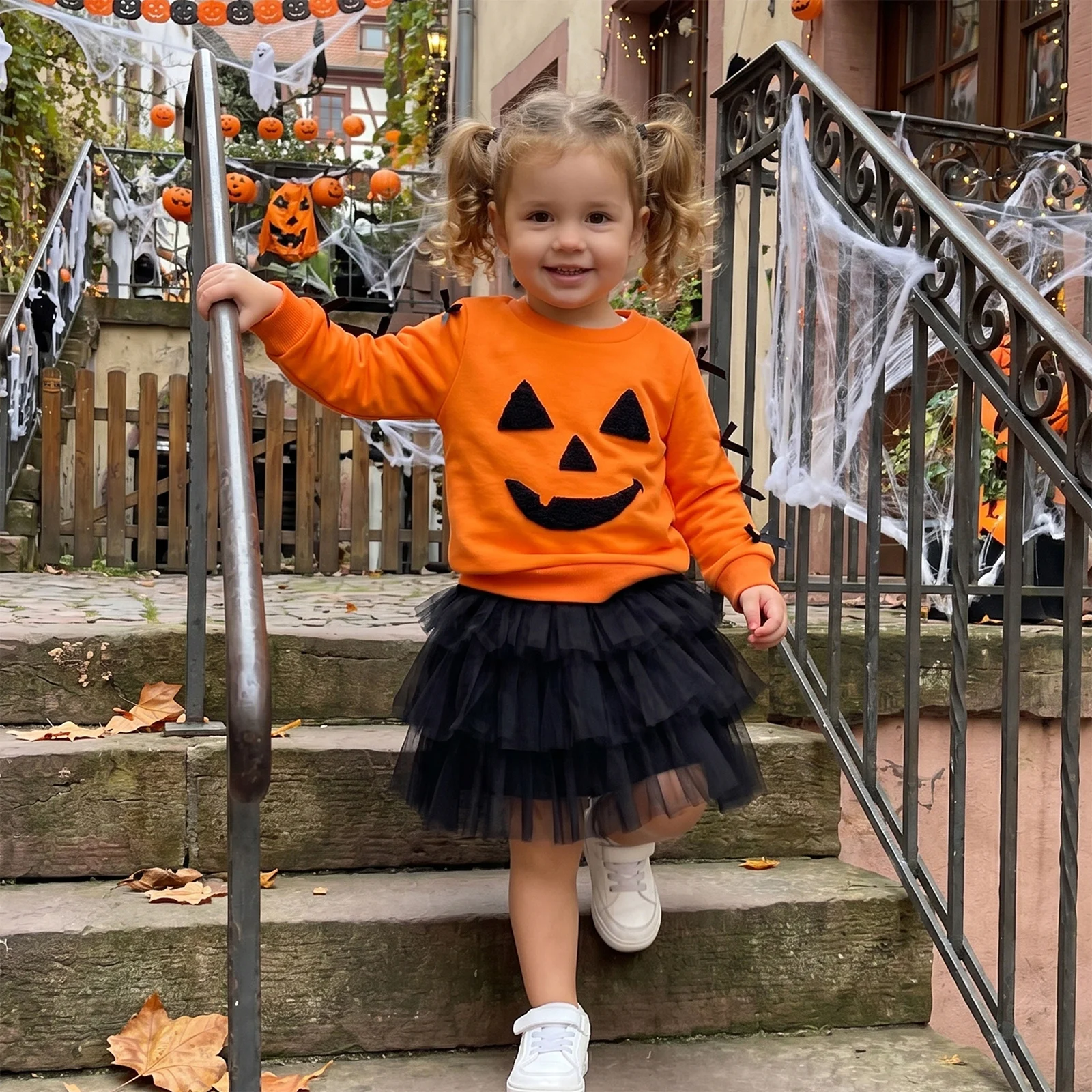 1-5Y Toddler Baby Girl Halloween Costume Devil Pumpkin Face Print Crew Neck Long Sleeve Sweatshirt Tops Mesh Skirt 2 Pcs Set