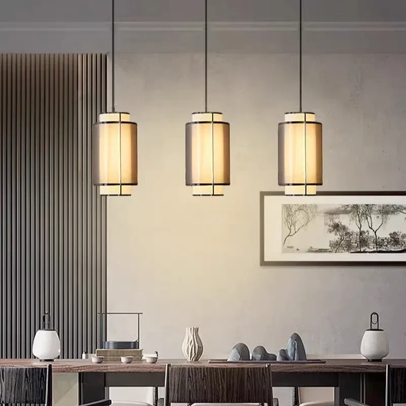 Janpanese Wabi-sabi Cloth Fabric Short Tube Shaped LED Pendant Lights Indoor Plated Lamp for Bedroom Home Decoration Chandeliers