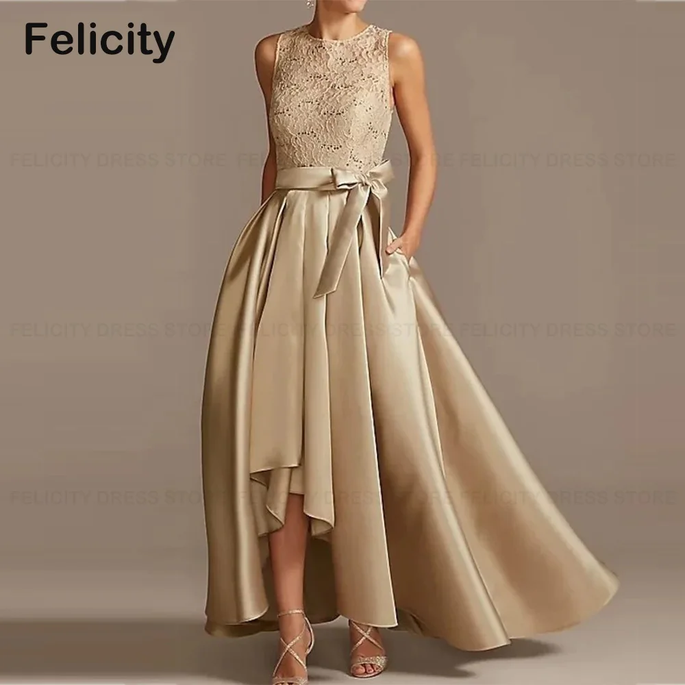 

Elegant Mother of the Bride Dresses A-Line Jewel Neck Asymmetrical Lace Satin Sleeveless Bow Pleats Long Wedding Guest Dress