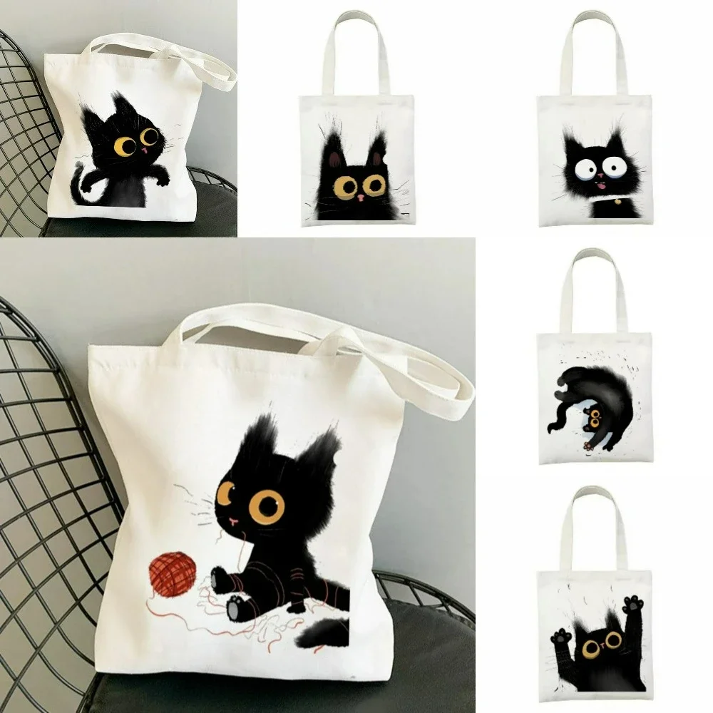 

Playful Cute Black Cat Canvas Bag Commut Study Travel Daily Use Large-capacity Shoulder Bag Yoga Handbag Reusable Eco Friendly