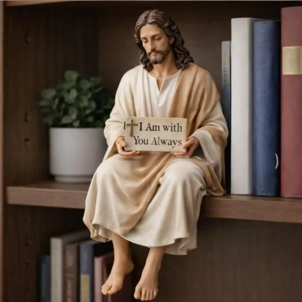Figura de Jesús Pintada a Mano en Pose Sentada, Adorno de Resina Hecho a Mano, Estatuilla de Jesús Única con la Frase 'Estoy Contigo Siempre'