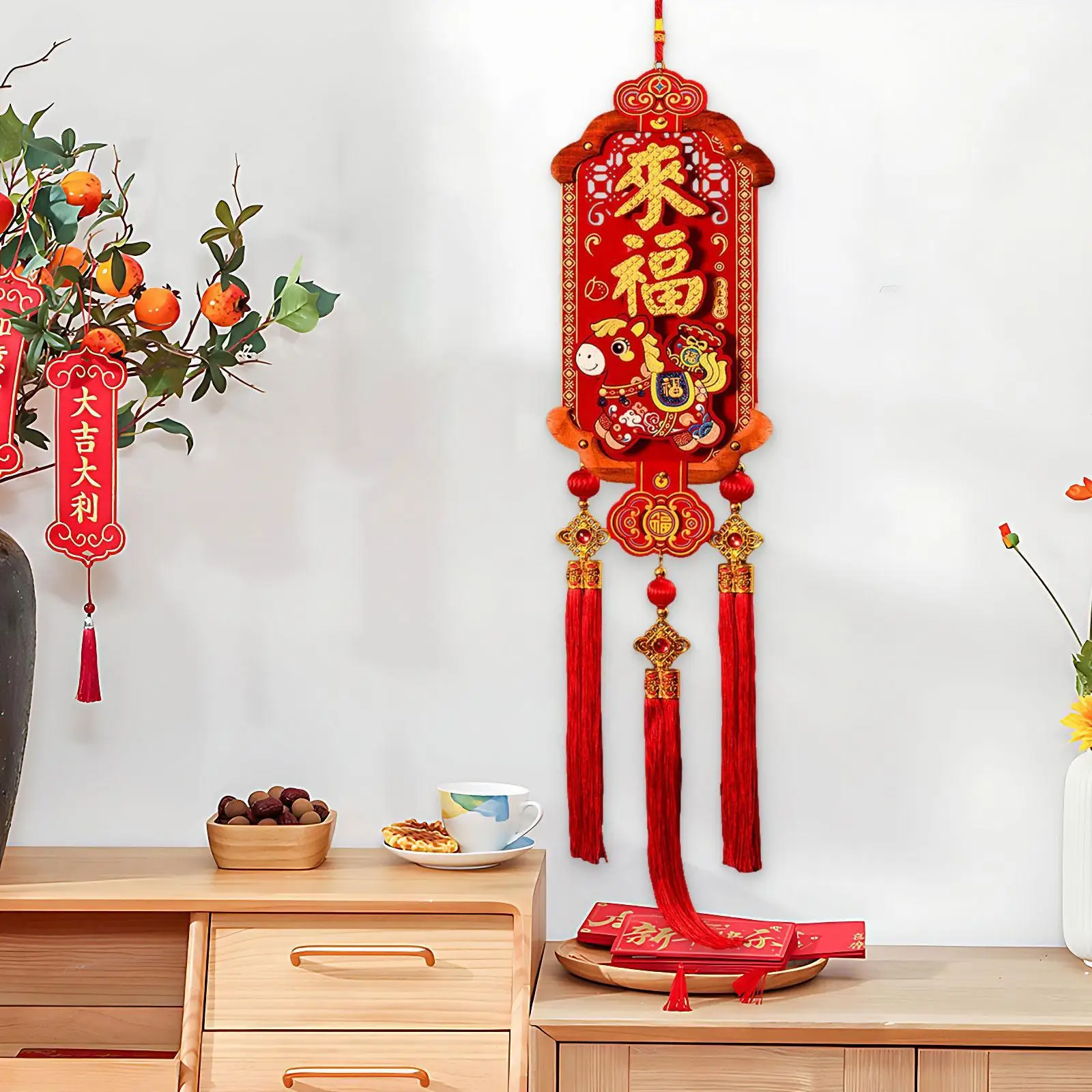 Red Felt Wooden Lunar New Year Decorations Chinese Pendant for Year of Horse Housewarming Wall Ceiling Art view 2