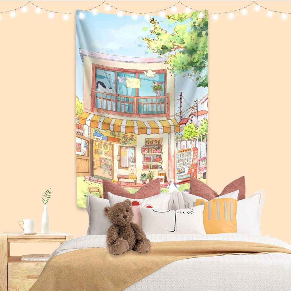 Kawaii Watercolour Tapestry Cartoon Streetscape Printed Large Fabric Of Home Decor Wall Hanging Dormitory Background Cloth