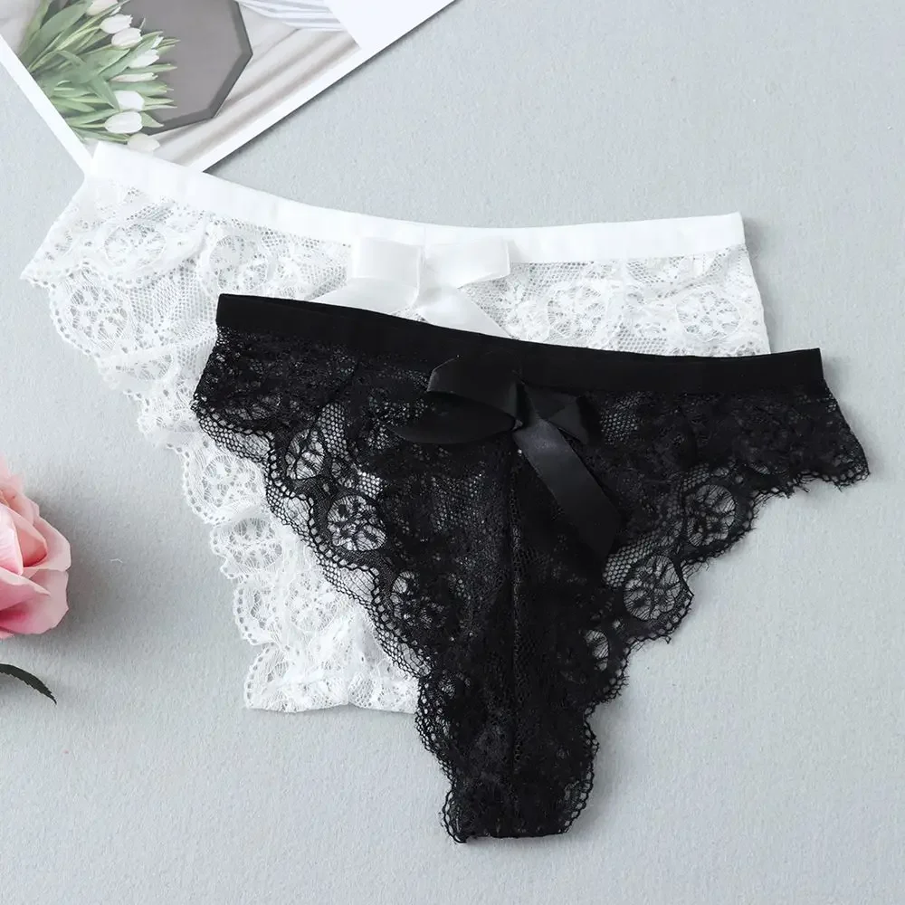 Women's Lingerie Transparent Underpants Lace Flowers Underwear Hollow Bow Panties Thong G String Trendy Briefs M-3XL image 2