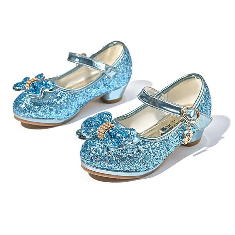 

Children's Purple Shoes Student Sequin Princess Heels Girls Blue Comfortable Show Dancing Shoes Bow Elegant Heel Shoes