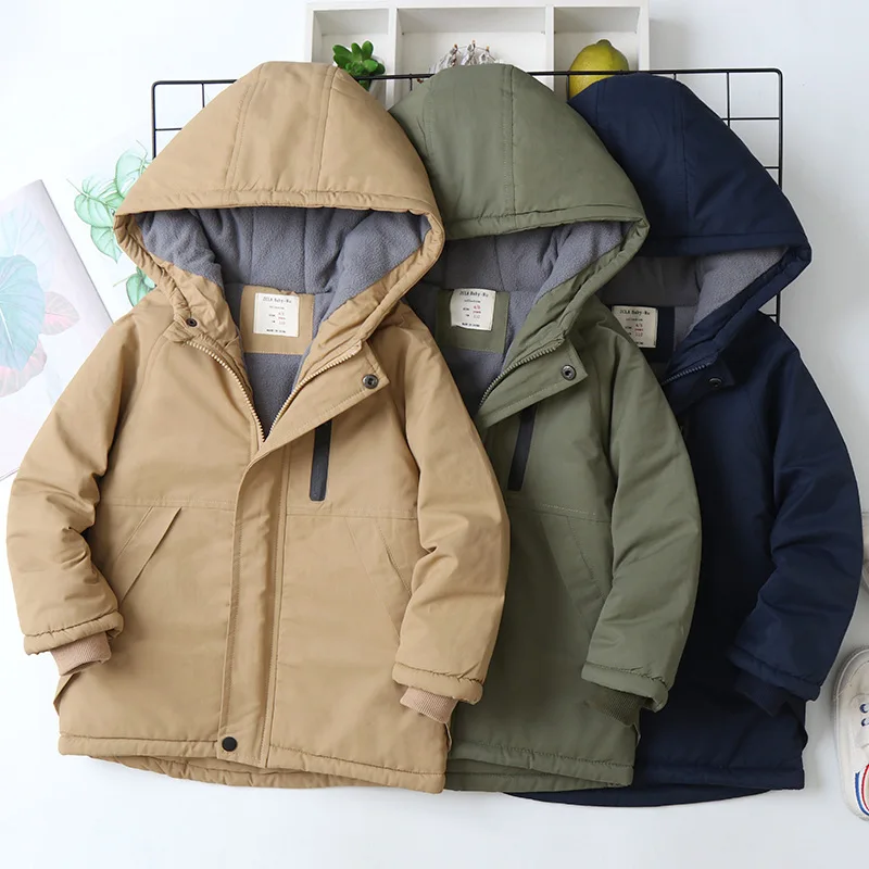 UNITIM Autumn Winter Children Boys Jacket Hooded Plus Velvet Thicken Warm Teenage Boy Outerwear Coat 4-14 Year Kids Solid Parka