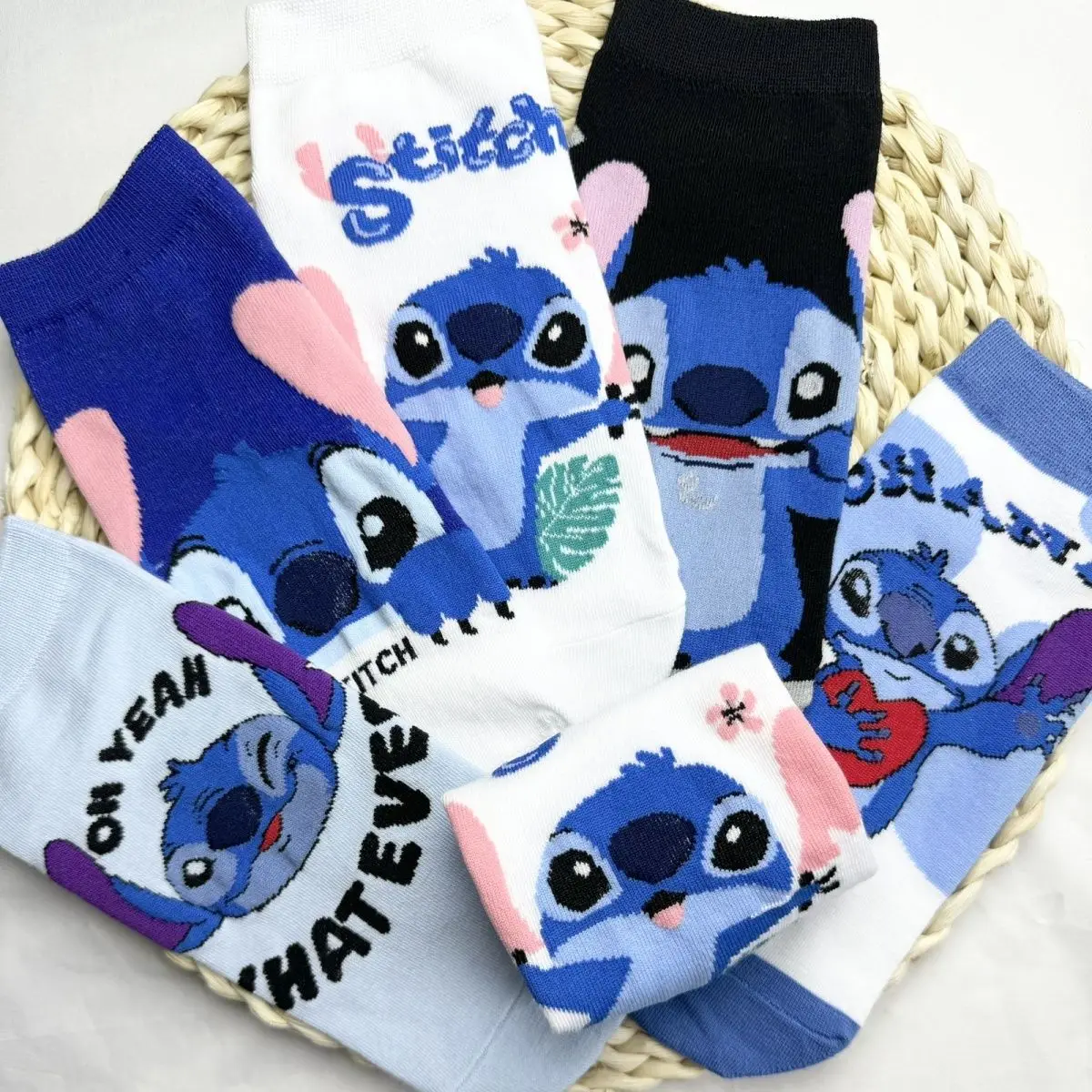 Chaussettes en coton Sanurgente Stitch pour enfants, section fine de dessin animé, maille respirante, mi-mollet, chaussettes mignonnes, taille moyenne, 5 paires