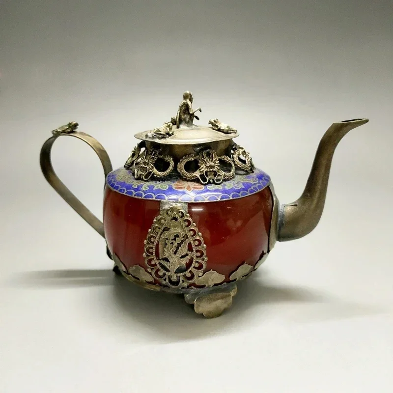 Exquisite Chinese Collectible Decorated Classical Handmade Red Agate Jade Inlaid with Tibetan Silver Dragon Monkey Lid Teapot