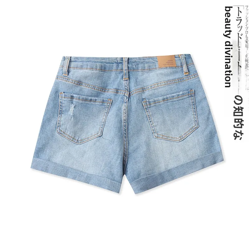 Summer New Women's Fashionable Denim Shorts Turn-Up Cuffed Washed Hole Multi-Pocket Short Pants for Ladies Short Skirts