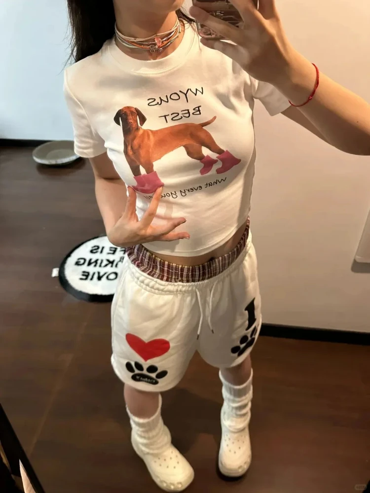 

Harajuku Dog Print T-shirts Women 2025 Summer Round Neck Slim Fit Crop Top Y2k Aesthetic Short Sleeve Versatile Tees