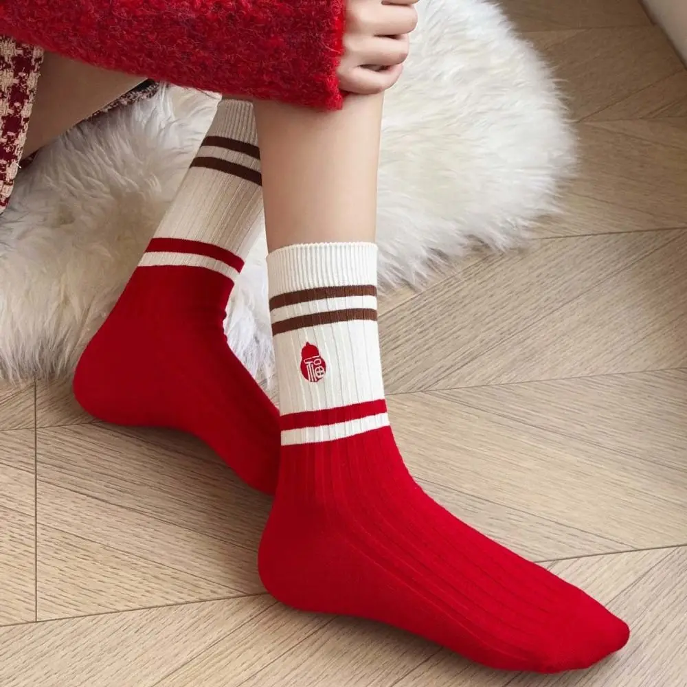 

5 пар милых полосатых новогодних носков-трубочек с буквенным рисунком лошади, родовые носки до середины икры, удачи, красные хлопковые носки, зима-осень