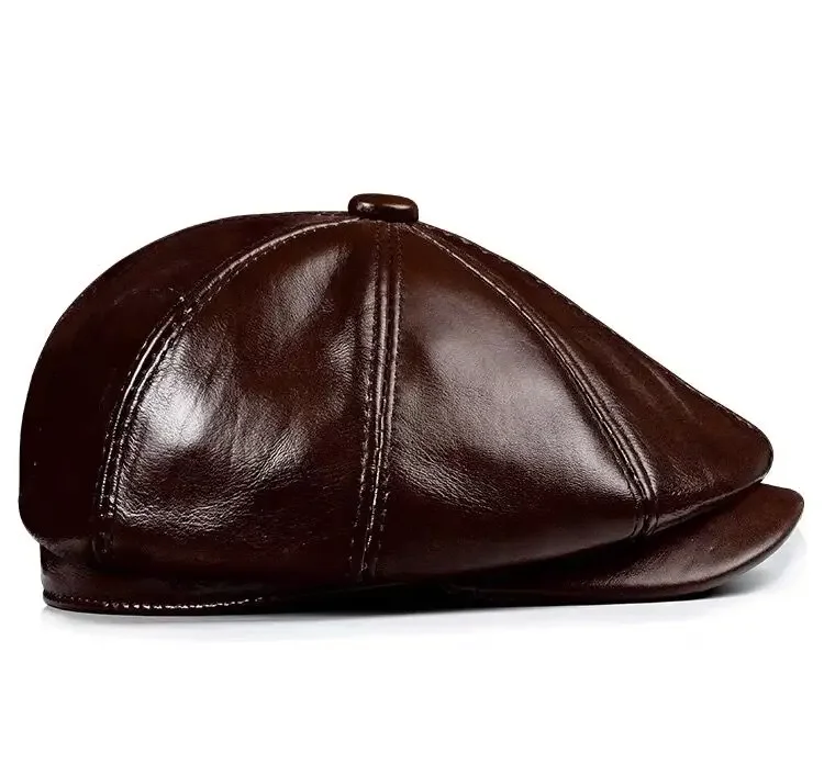 New 2024 Genuine Leather Hat Cap Cowhide Beret Warm Cotton Men Padding Brand Brown/Black Duck Hat