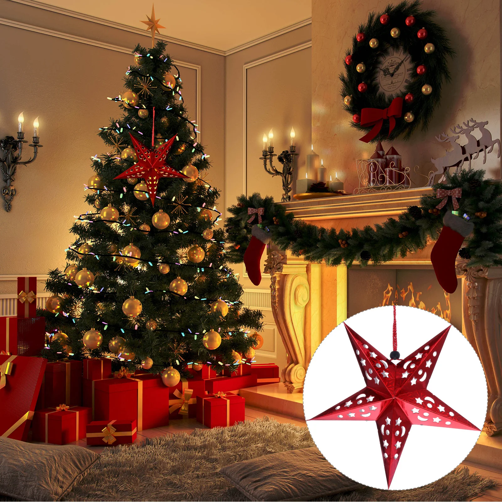 

1 Set 3D Star Hanging Light Christmas Pendant Lamp For Holiday Decor, Xmas Decoration, Party Supplies, Indoor Outdoor Hanging