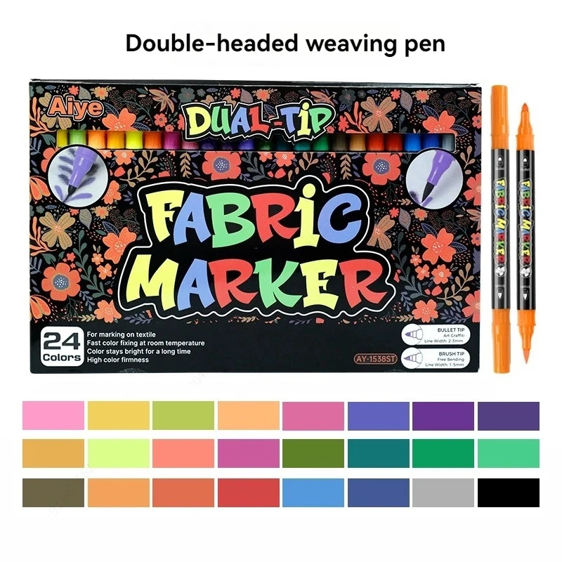 

24 Colors Dual Tip Fabric Markers Pens Set - Non Toxic, Indelible And Permanent Fabric Paint - Textile Marker Pen