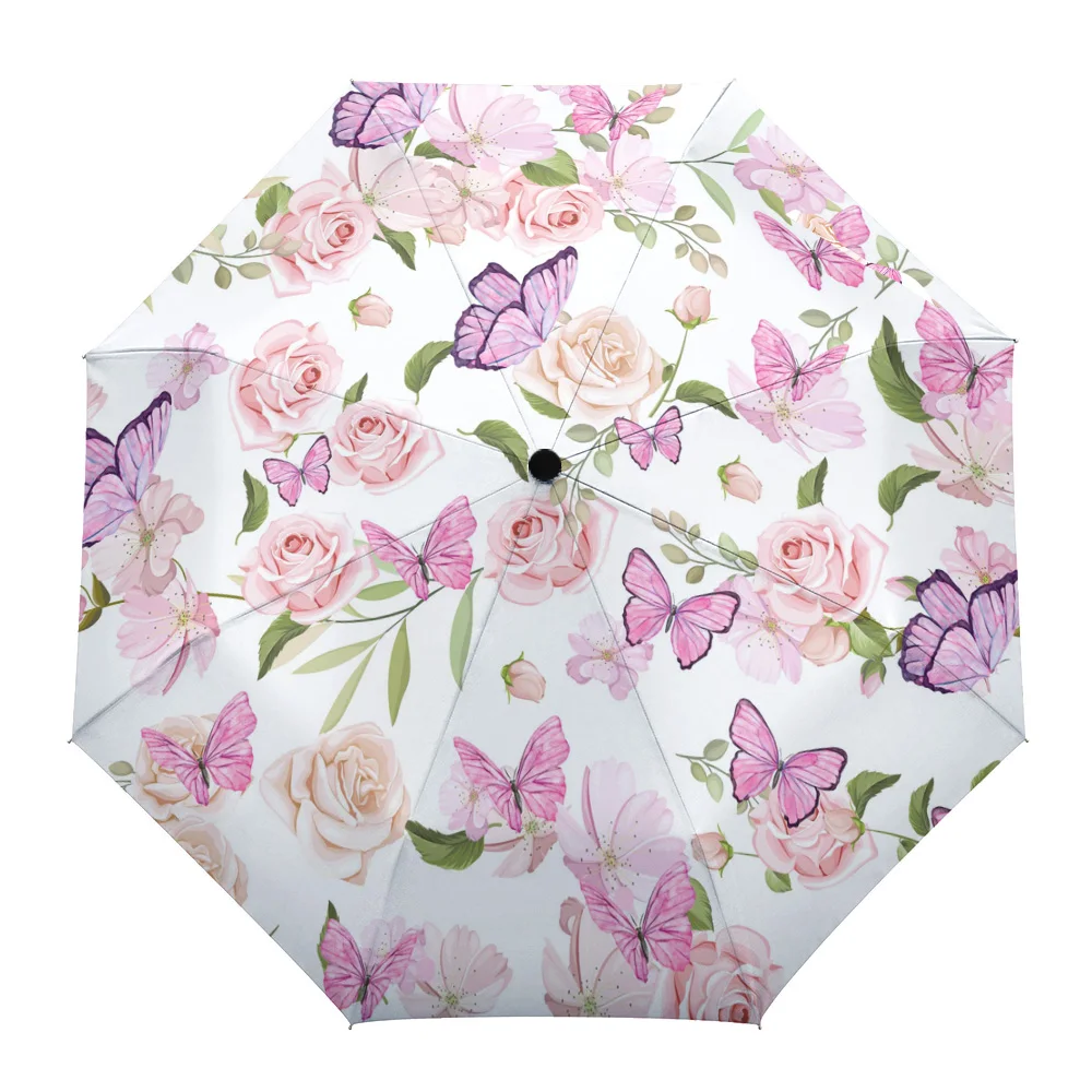 Flowers Butterfly Pink Print Women Men Rain Umbrella Three Folding Girl Durable Portable Automatic Umbrellas Gift Parasol