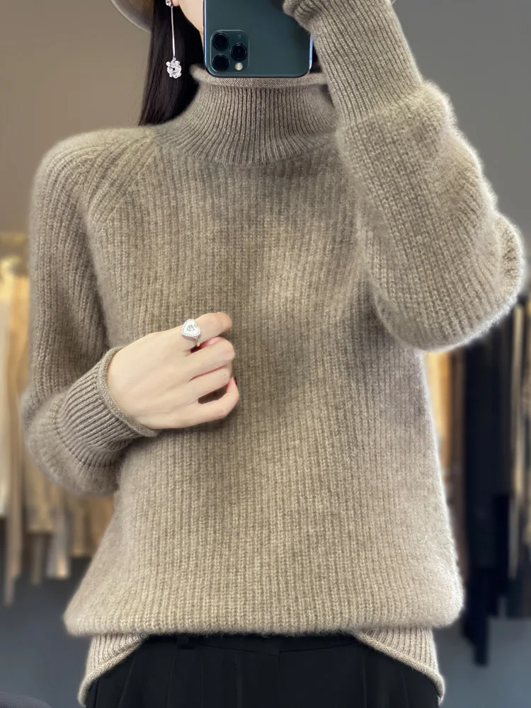 

Осенне-зимняя женская свободная вязаная шерстяная базовая кофта с высоким воротником, утепленная, с длинными рукавами, однотонная