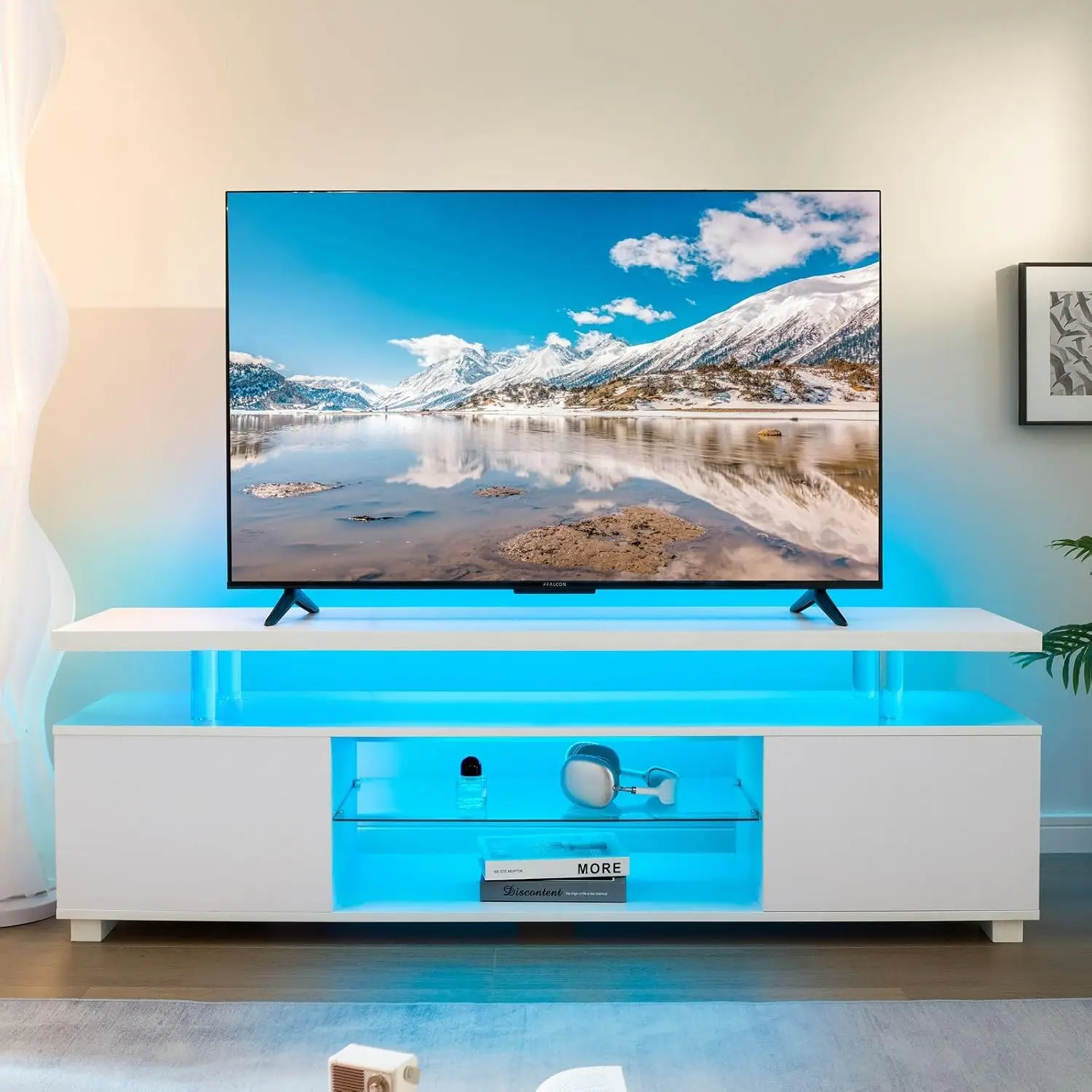 LED TV Stand White Entertainment Center, Gaming Center for 60 65 70inch TV, TV Console with Storage, TV Stands for Gaming Living