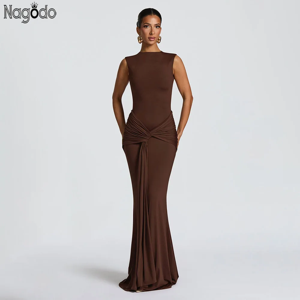 

Nagodo Women Slim Party Dress Backless Sleeveless Sexy Evening Dress Brown Black O-Neck Bodycon Maxi Dresses Prom Gown