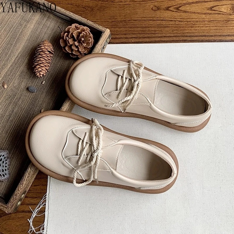 Student Round Toe Lace-up Small Leather Shoes Handmade Soft Sole Comfort Casual Single Shoes Academy Style Mori Girl Flat Shoes