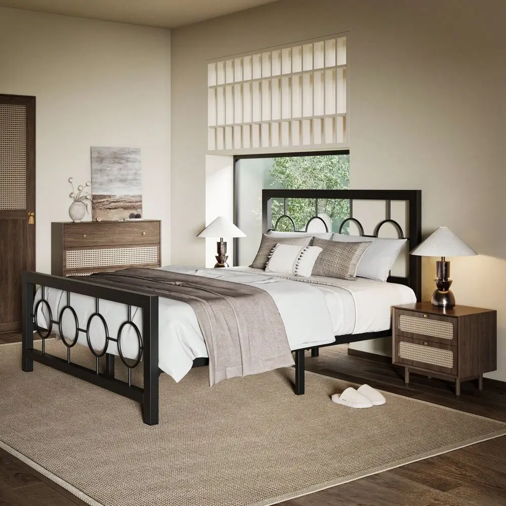 Metal Platform Bed Frame With Modern And Vintage Style Headboard, No Box Spring Need,Easy Assembly, NoiseFree In Black