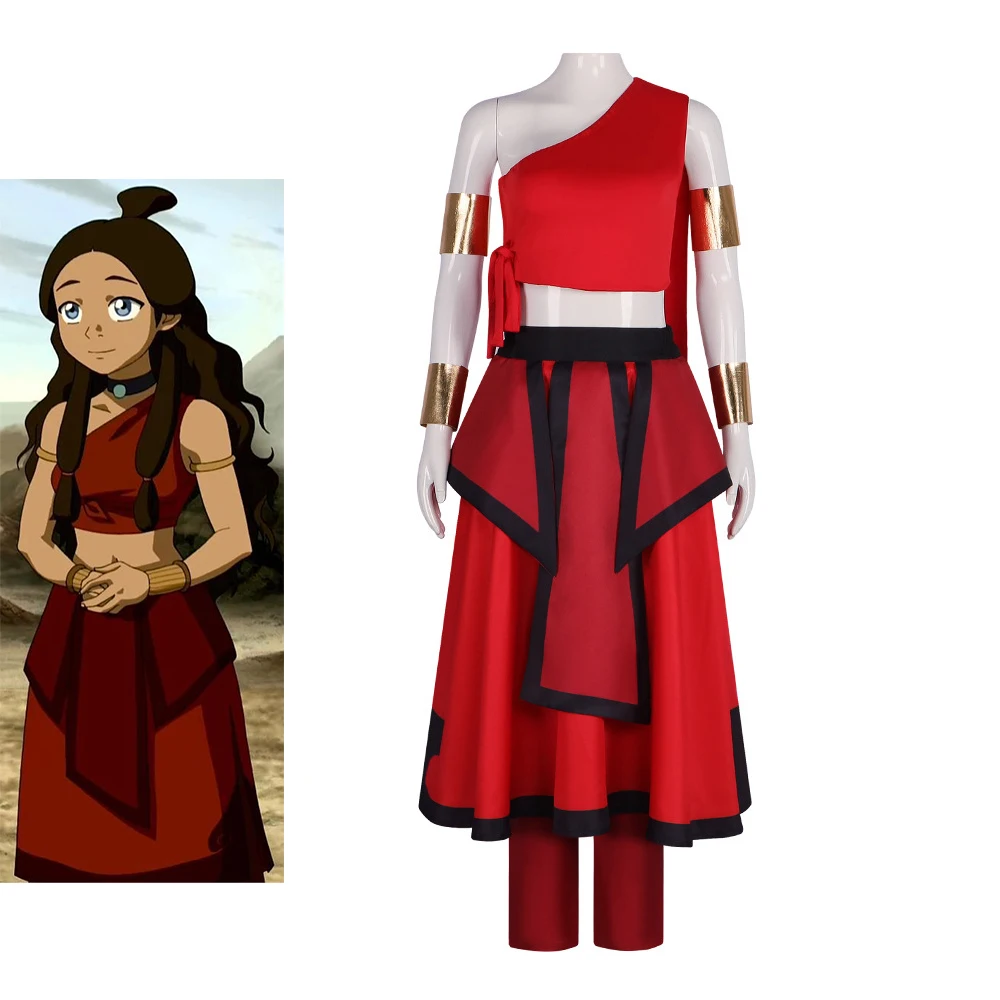 

Katara Cosplay The Last Airbender Costume for Women Girls Sexy Red Uniform Full Set Halloween Carnival Comic Con Battle Suit