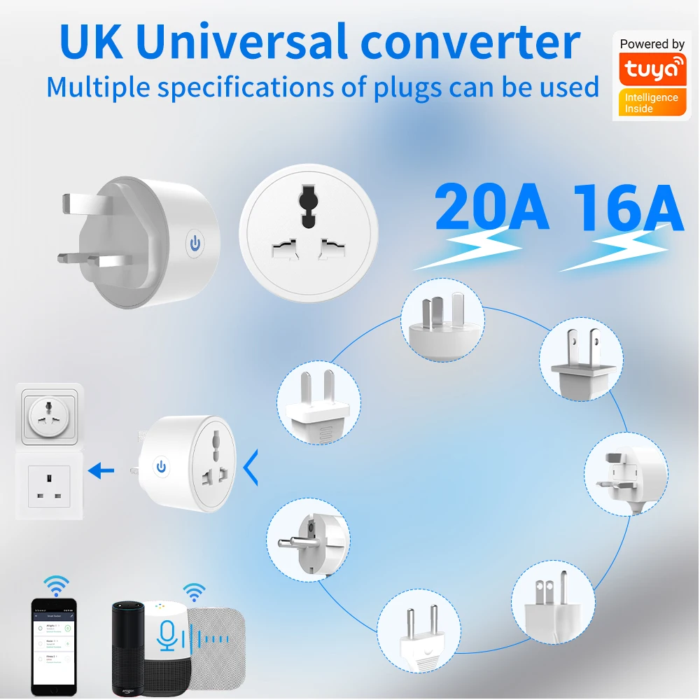 Tuya WiFi Smart Socket UK Universal Converter with Energy Monitoring Support Smart Life Alexa Google Home Voice Control