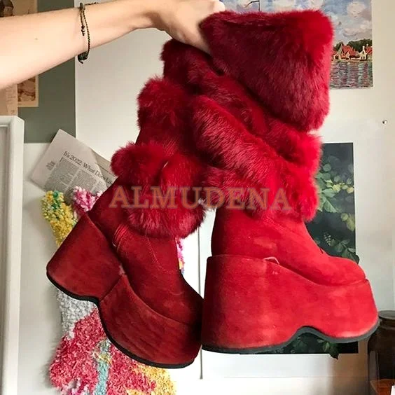 Vintage Faux Fur Trim Platform Boots Fuchsia\Red Round Toe Chunky Heel Knee High Boots Women Winter Handmade Shoes Plus Size