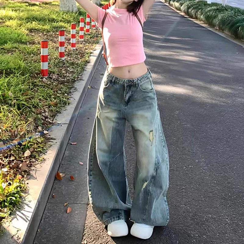 2025 가을 한국 여성 청바지 레트로 하이 웨이스트 청바지 스트레이트 레그 팬츠 배기 청바지 찢어진 청바지