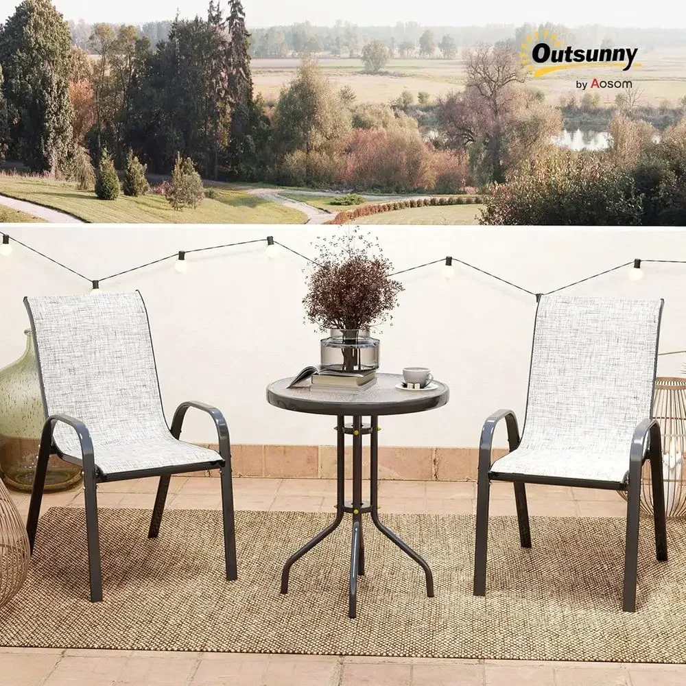 Compact Outdoor Bistro Set with Stackable Mesh Chairs and Glass Table for Patio, Balcony, Garden in Gray