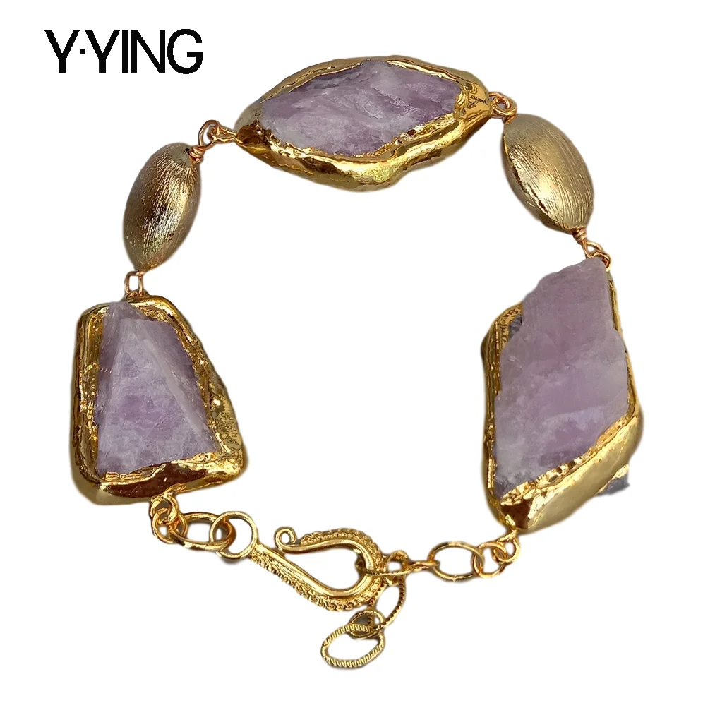 Y·YING Natural Pink Kunzite Rough Raw Gold color Plated Edge Brushed Bead wrap Bracelet 9